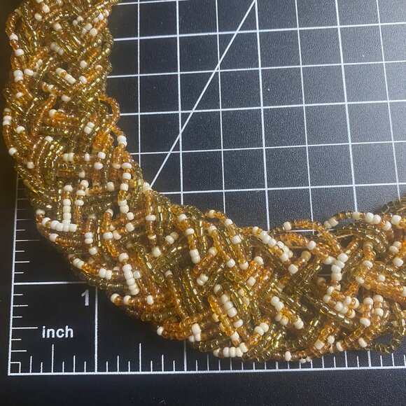 Handmade Braided Glass Seed Bead Necklace Gold Amber White Brass 19+3" Boho - Picture 6 of 7